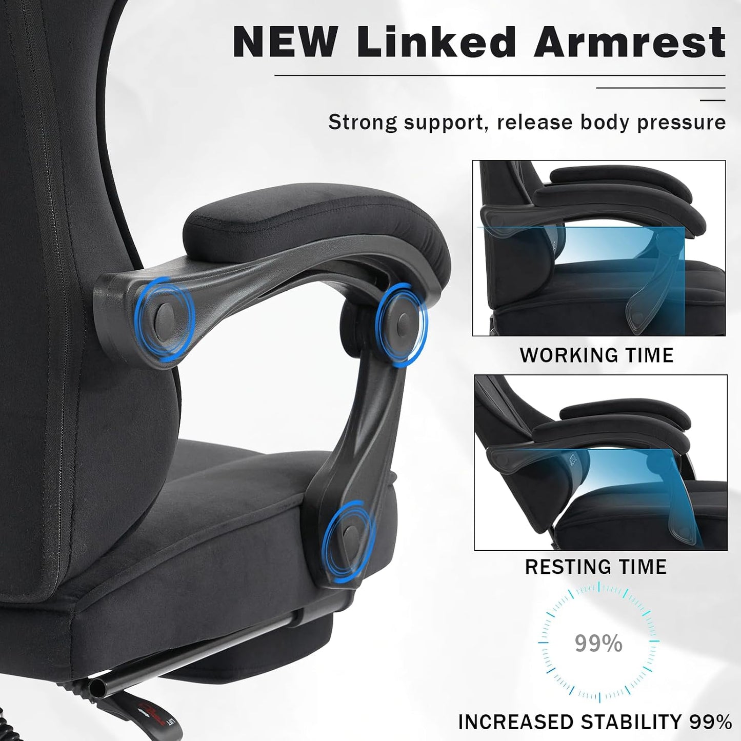 Gaming Chair for Adults, Ergonomic Gaming Chair with Footrest, Lumbar Support and Headrest, Adjustable Height Computer Chairs Gaming, Fabric Gamer Chair for Home Office, Black