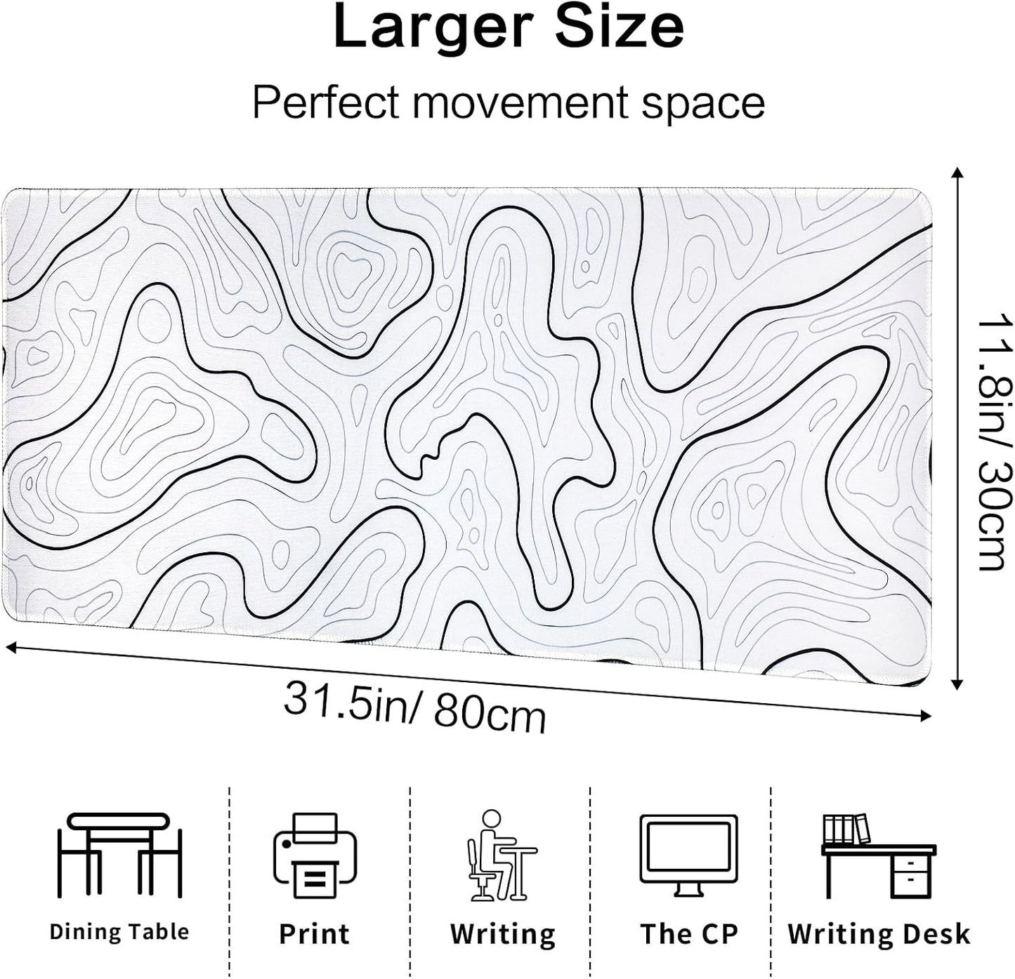 Large Gaming Mouse Pad, Topographic Mouse Mat for Gaming Mousepad Office, Long XL Mouse Pads Keyboard Pad for Computer Laptop 31.5''X11.8'' Desk Mat (White)