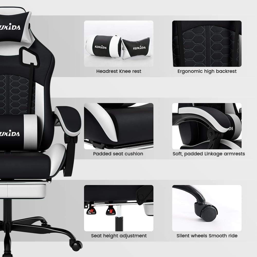 Ergonomic Gaming Chair for Adult, Comfortable Desk Chair with Massage, Comfy Headrest and Lumbar Support Pc Office Chairs with Footrest, Height Adjustable Rotating Task Chairs