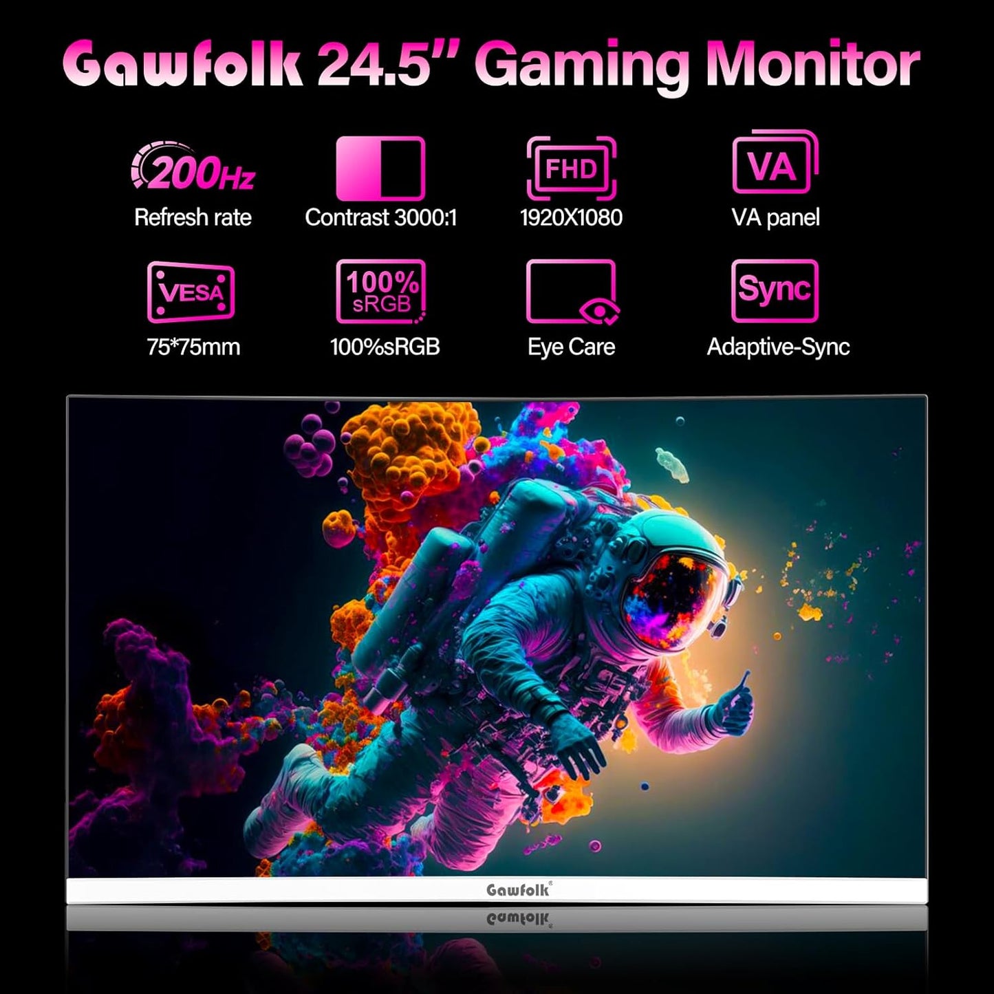 24 Inch Gaming Monitor, 200Hz Computer Monitor, FHD 1080P PC Monitors, 24.5" Frameless Monitors Va,Srgb 100%, Displayport, Hdmi,Eye Care, Wall-Mounted 75 * 75Mm Compatible