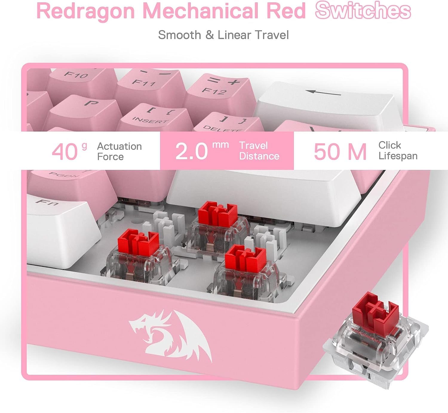 K617 60% Wired RGB Gaming Keyboard, 61 Keys Compact Mechanical Keyboard W/White & Pink Mixed-Colored Keycaps, Linear Red Switch, Pro Driver Support