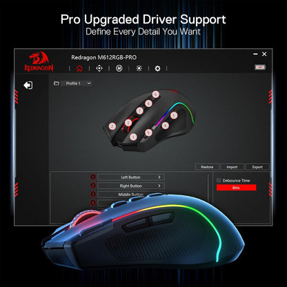 M612 PRO RGB Gaming Mouse, 8000 DPI Wired/Wireless Optical Gamer Mouse with 9 Programmable Buttons & 7 Backlit Modes, BT & 2.4G Wireless, Software Supports DIY Keybinds Rapid Fire Button
