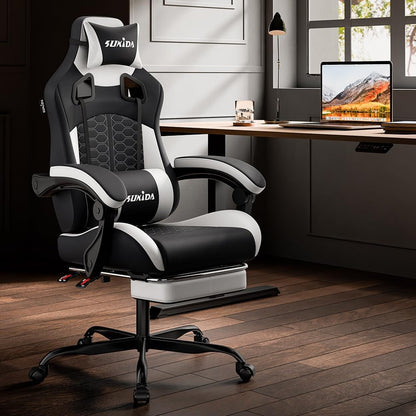 Ergonomic Gaming Chair for Adult, Comfortable Desk Chair with Massage, Comfy Headrest and Lumbar Support Pc Office Chairs with Footrest, Height Adjustable Rotating Task Chairs