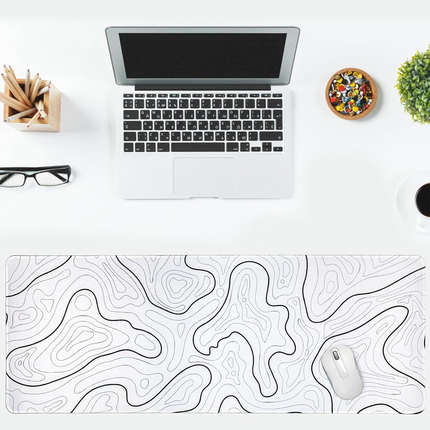 Large Gaming Mouse Pad, Topographic Mouse Mat for Gaming Mousepad Office, Long XL Mouse Pads Keyboard Pad for Computer Laptop 31.5''X11.8'' Desk Mat (White)