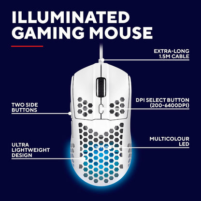 Helox USB White Gaming Mouse Superlight 65G | Adjustable DPI (200-6400), Optical Sensor, 6 Programmable Buttons, RGB LED Lighting, Gaming PC Gaming Laptop Macbook