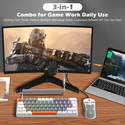 T60PRO 60% Mechanical Keyboard and Mouse Combo+Coiled USB C Cable, Compact RGB LED Backlit Keyboard, Linear Red Switch, 6400 DPI Programmable RGB Mouse for PC Mac Gamer(Grey&White)