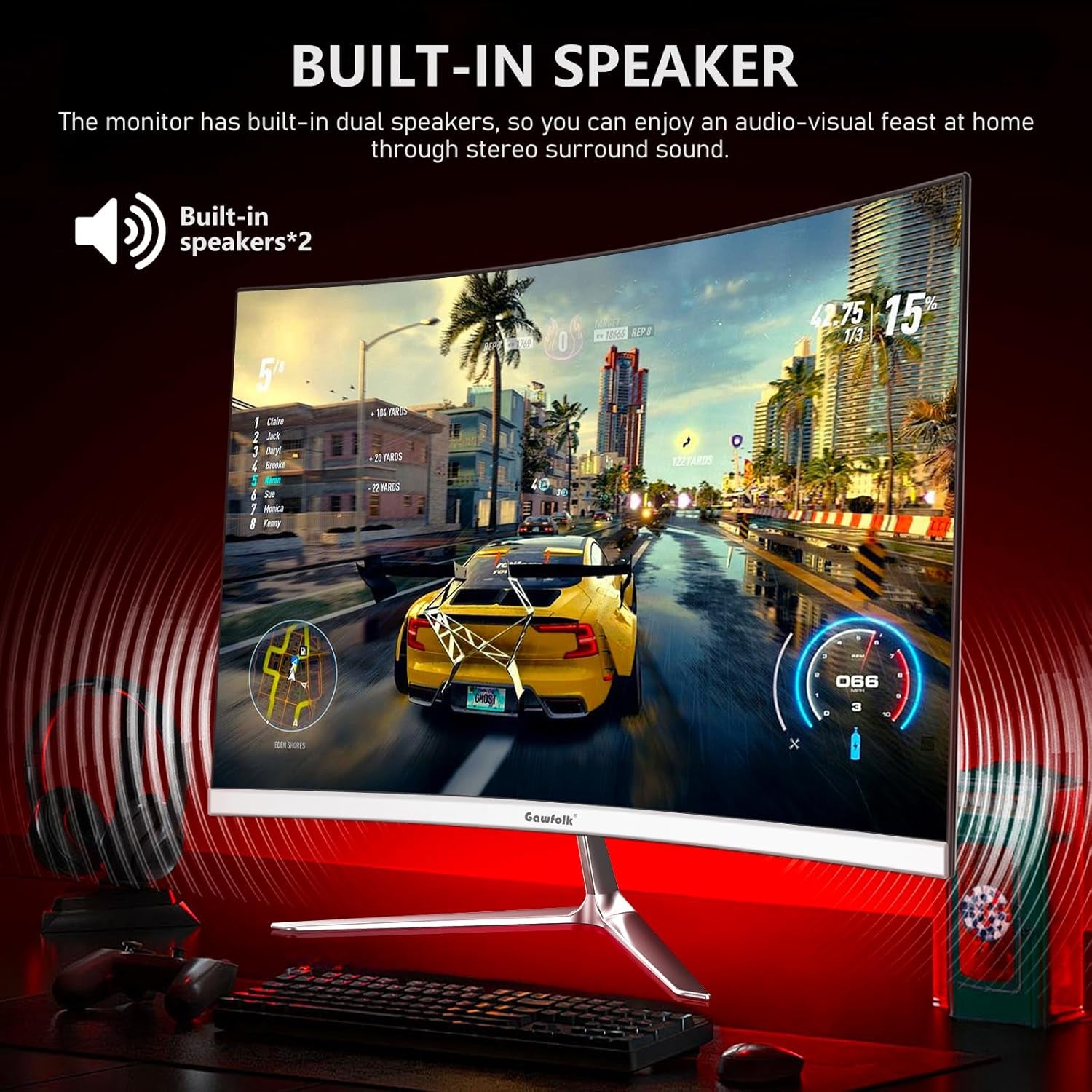 24 Inch Curved Gaming Monitor, Built-In Speakers, 120Hz, 1920X1080P Full HD, 98% Srgb, 3000R Curvature, HDMI & VGA Ports, White PC Monitor