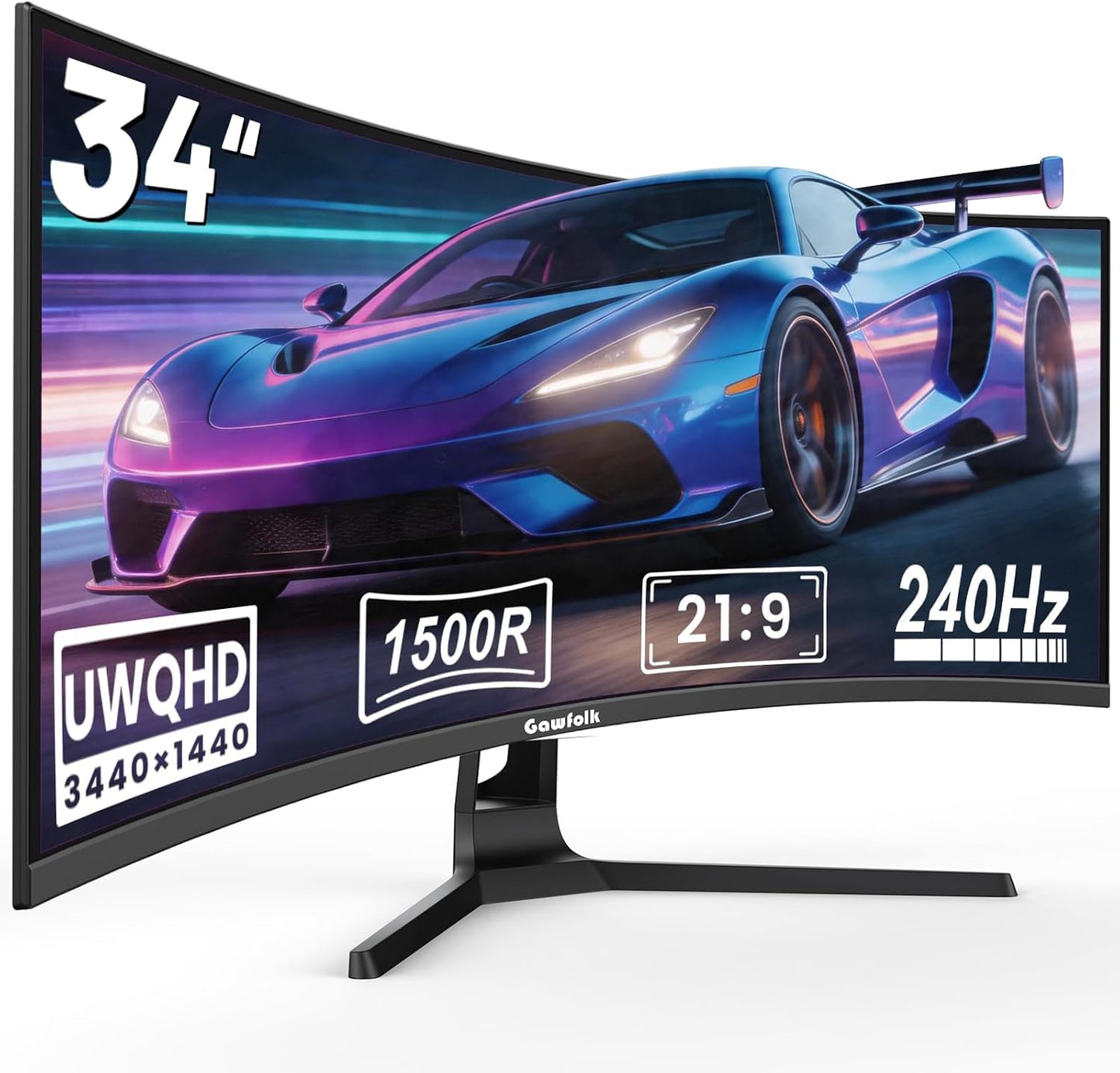 34 Inch Ultrawide Curved Gaming Monitor, 1500R PC Screen 240Hz UWQHD 3440X1440P Monitor, Curved Computer Display with Freesync & Eye-Care Technology, DP, HDMI, Wallmount 100X100Mm