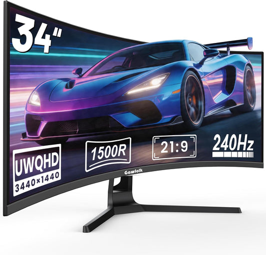 34 Inch Ultrawide Curved Gaming Monitor, 1500R PC Screen 240Hz UWQHD 3440X1440P Monitor, Curved Computer Display with Freesync & Eye-Care Technology, DP, HDMI, Wallmount 100X100Mm