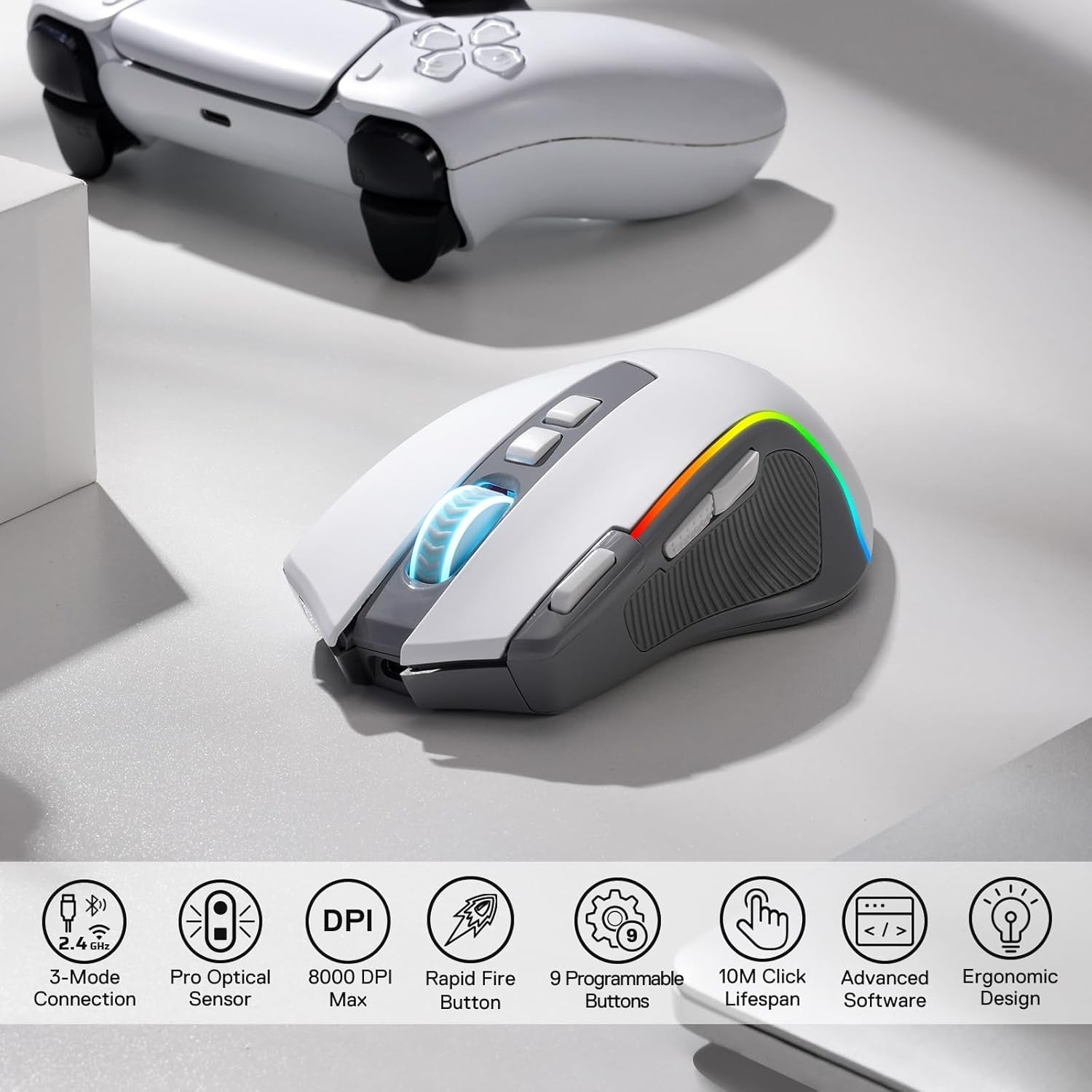 M612 PRO RGB Gaming Mouse, 8000 DPI Wired/Wireless Optical Gamer Mouse with 11 Programmable Buttons & 6 Backlit Modes, BT & 2.4G Wireless, Software Supports, Gray | 9 Programmable Buttons, 6 Backlight Modes, BT 2.4G Software Support, Wireless