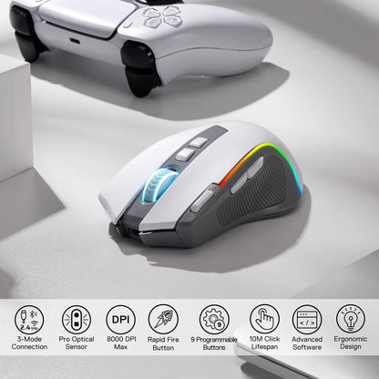 M612 PRO RGB Gaming Mouse, 8000 DPI Wired/Wireless Optical Gamer Mouse with 11 Programmable Buttons & 6 Backlit Modes, BT & 2.4G Wireless, Software Supports, Gray | 9 Programmable Buttons, 6 Backlight Modes, BT 2.4G Software Support, Wireless