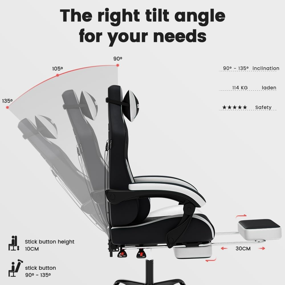 Ergonomic Gaming Chair for Adult, Comfortable Desk Chair with Massage, Comfy Headrest and Lumbar Support Pc Office Chairs with Footrest, Height Adjustable Rotating Task Chairs