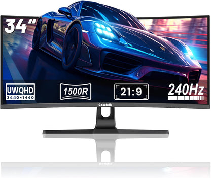 34 Inch Ultrawide Curved Gaming Monitor, 1500R PC Screen 240Hz UWQHD 3440X1440P Monitor, Curved Computer Display with Freesync & Eye-Care Technology, DP, HDMI, Wallmount 100X100Mm