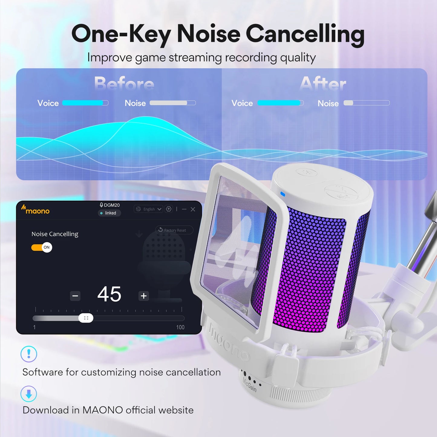 Gamerwave DGM20S USB Microphone Gaming Mic Condenser Mic RGB Mic Noise Canceling Mic with Mic Gain RGB Light One Key Mute