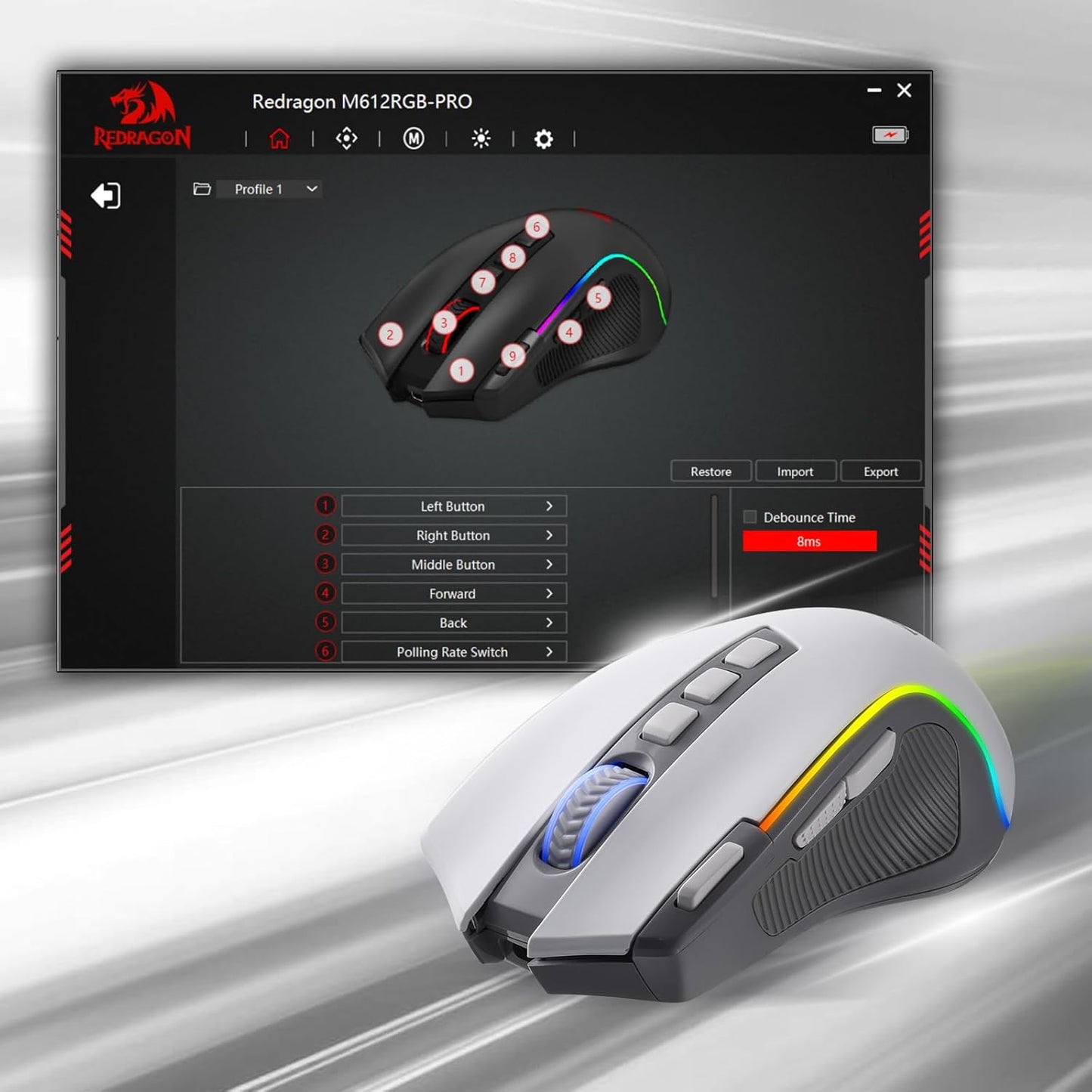 M612 PRO RGB Gaming Mouse, 8000 DPI Wired/Wireless Optical Gamer Mouse with 11 Programmable Buttons & 6 Backlit Modes, BT & 2.4G Wireless, Software Supports, Gray | 9 Programmable Buttons, 6 Backlight Modes, BT 2.4G Software Support, Wireless