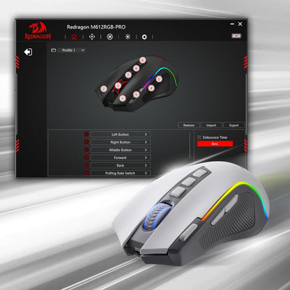 M612 PRO RGB Gaming Mouse, 8000 DPI Wired/Wireless Optical Gamer Mouse with 11 Programmable Buttons & 6 Backlit Modes, BT & 2.4G Wireless, Software Supports, Gray | 9 Programmable Buttons, 6 Backlight Modes, BT 2.4G Software Support, Wireless