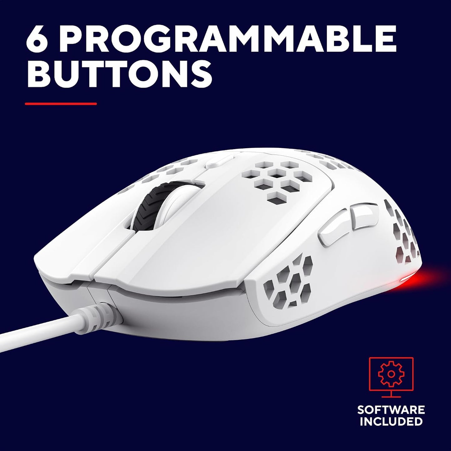 Helox USB White Gaming Mouse Superlight 65G | Adjustable DPI (200-6400), Optical Sensor, 6 Programmable Buttons, RGB LED Lighting, Gaming PC Gaming Laptop Macbook