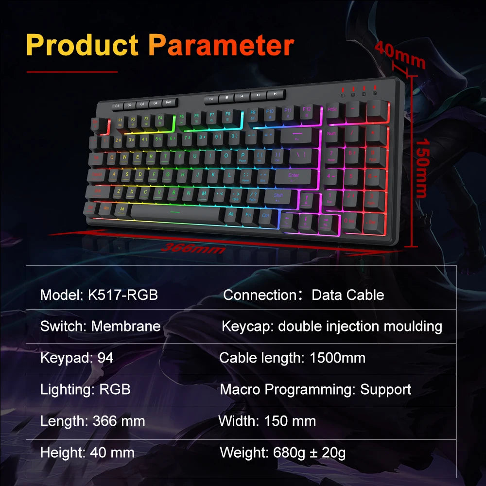 SHIVA K517 RGB USB RGB Wired Membrane Gaming Keyboard 94 Key for PC Computer Laptop Gamer Detachable Cable