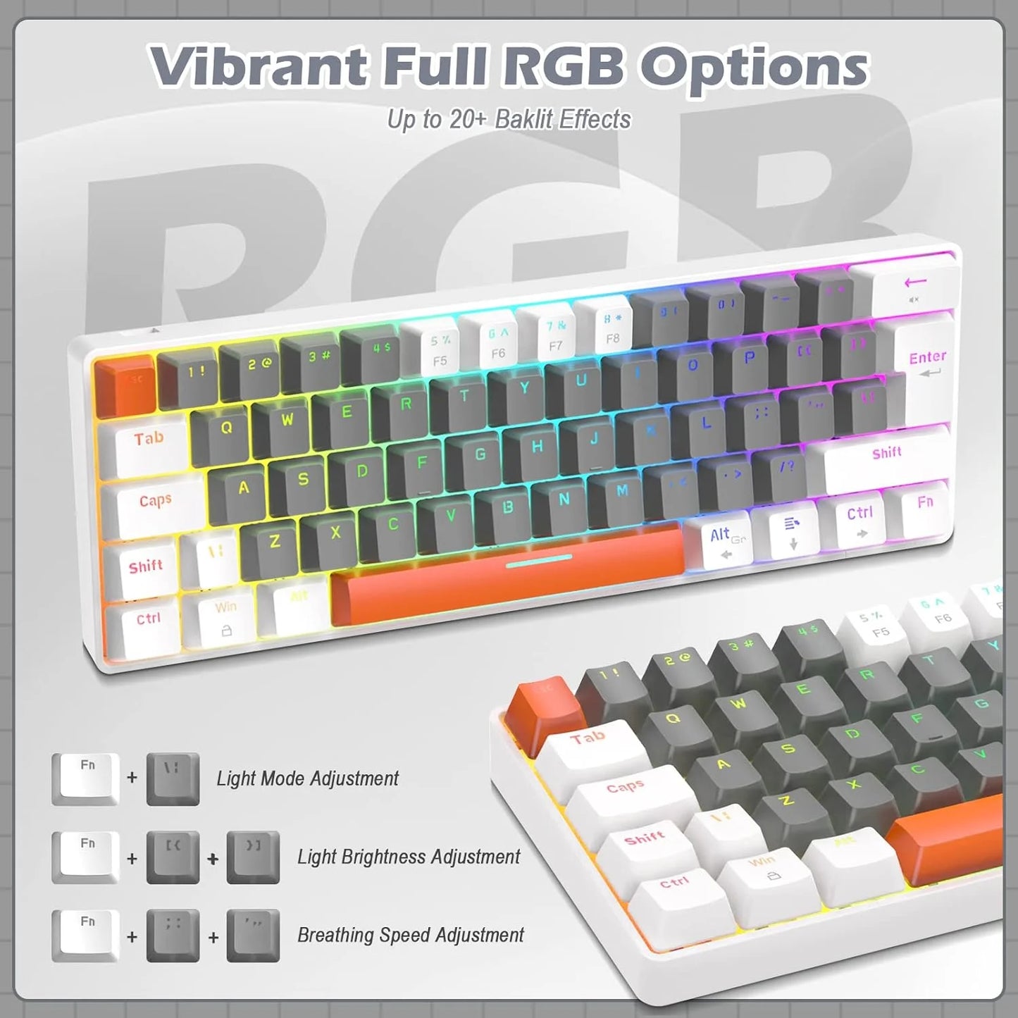T60PRO 60% Mechanical Keyboard and Mouse Combo+Coiled USB C Cable, Compact RGB LED Backlit Keyboard, Linear Red Switch, 6400 DPI Programmable RGB Mouse for PC Mac Gamer(Grey&White)