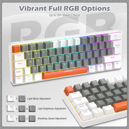T60PRO 60% Mechanical Keyboard and Mouse Combo+Coiled USB C Cable, Compact RGB LED Backlit Keyboard, Linear Red Switch, 6400 DPI Programmable RGB Mouse for PC Mac Gamer(Grey&White)