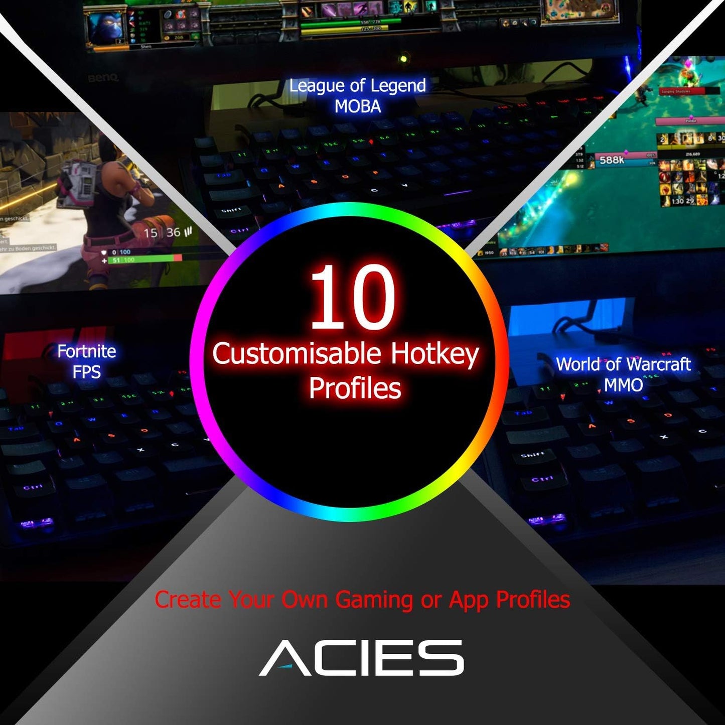 Gaming Keyboard  ACIES True Mechanical Keyboard Tenkeyless TKL Rainbow LED 100% Anti-Ghosting Programmable Macro for Gaming PC Xbox PS5 Apple Mac (UK DESIGN UK TECH SUPPORT UK QWERTY LAYOUT)