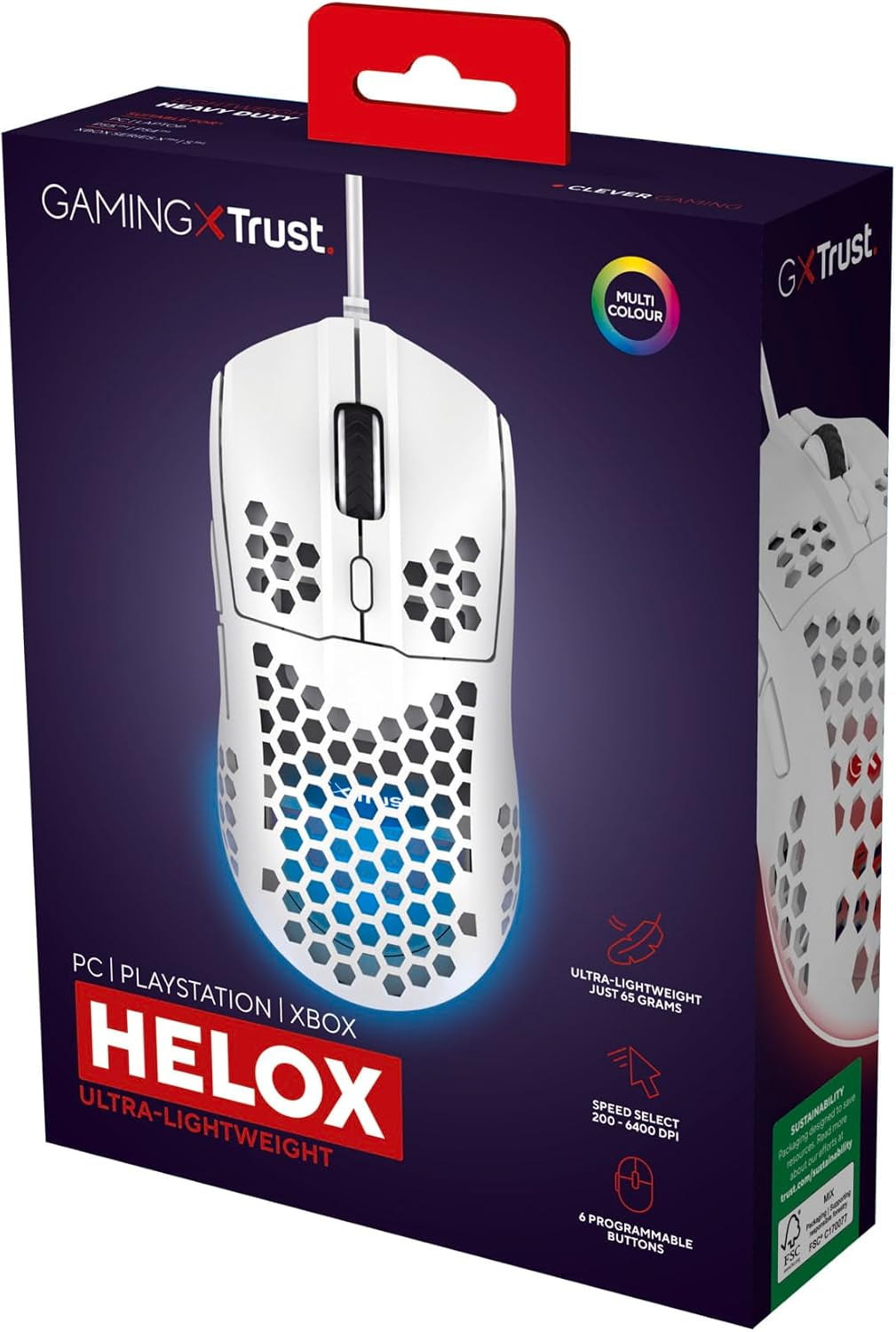 Helox USB White Gaming Mouse Superlight 65G | Adjustable DPI (200-6400), Optical Sensor, 6 Programmable Buttons, RGB LED Lighting, Gaming PC Gaming Laptop Macbook
