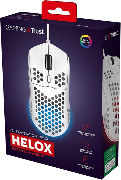 Helox USB White Gaming Mouse Superlight 65G | Adjustable DPI (200-6400), Optical Sensor, 6 Programmable Buttons, RGB LED Lighting, Gaming PC Gaming Laptop Macbook