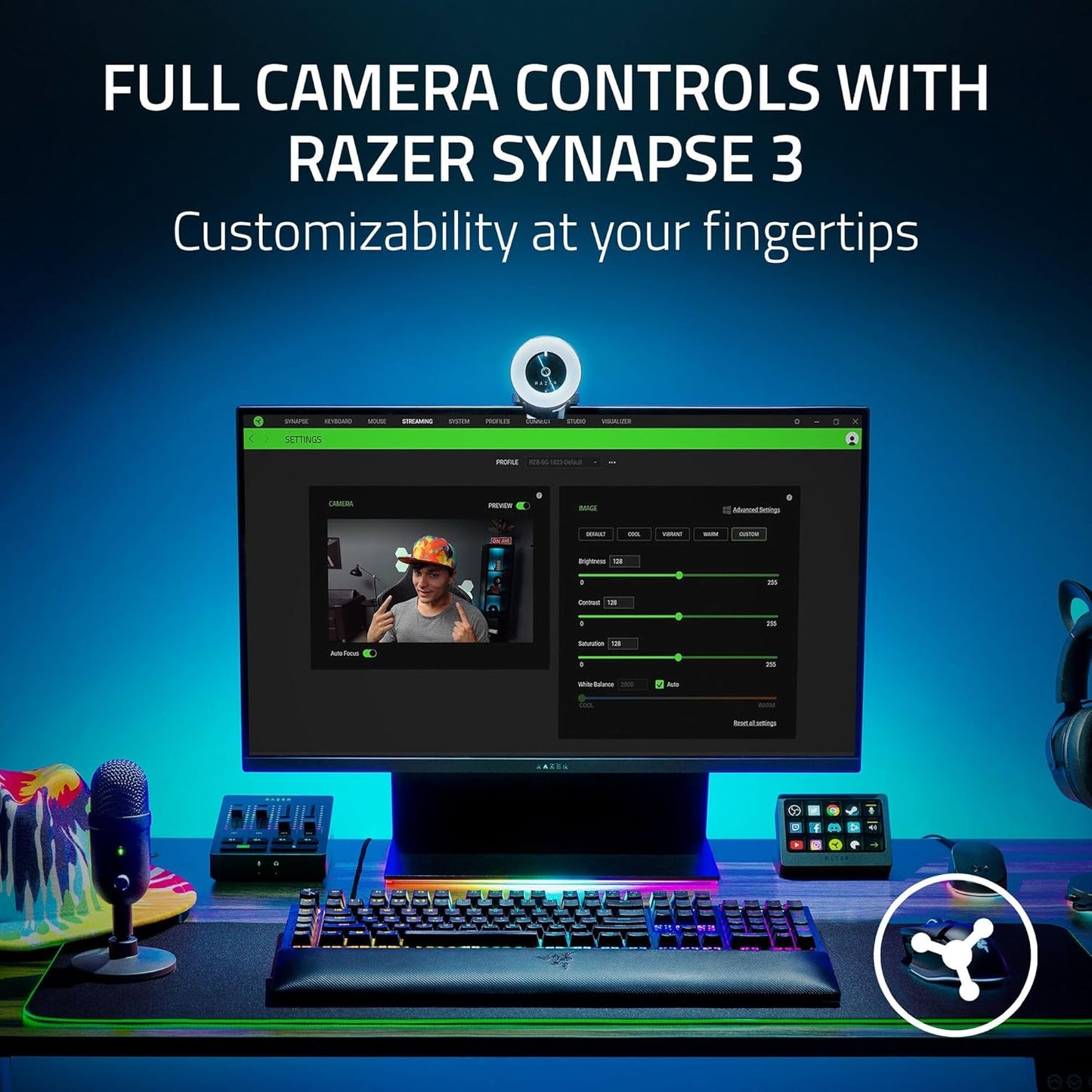 Razer Kiyo - Streaming Camera with Ring Lighting (USB Webcam, HD Video 720P, 60 FPS, Compatible with Open Broadcaster Software, Xsplit, Autofocus, Camera Clip, Tripod Connection) Black