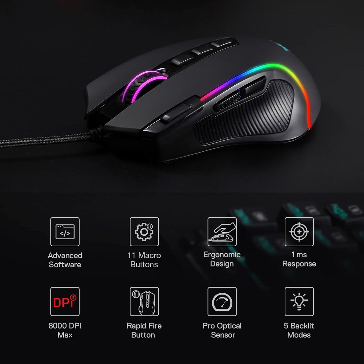 M612 Predator RGB Gaming Mouse, 8000 DPI Wired Optical Gamer Mouse with 11 Programmable Buttons & 5 Backlit Modes, Software Supports DIY Keybinds Rapid Fire Button