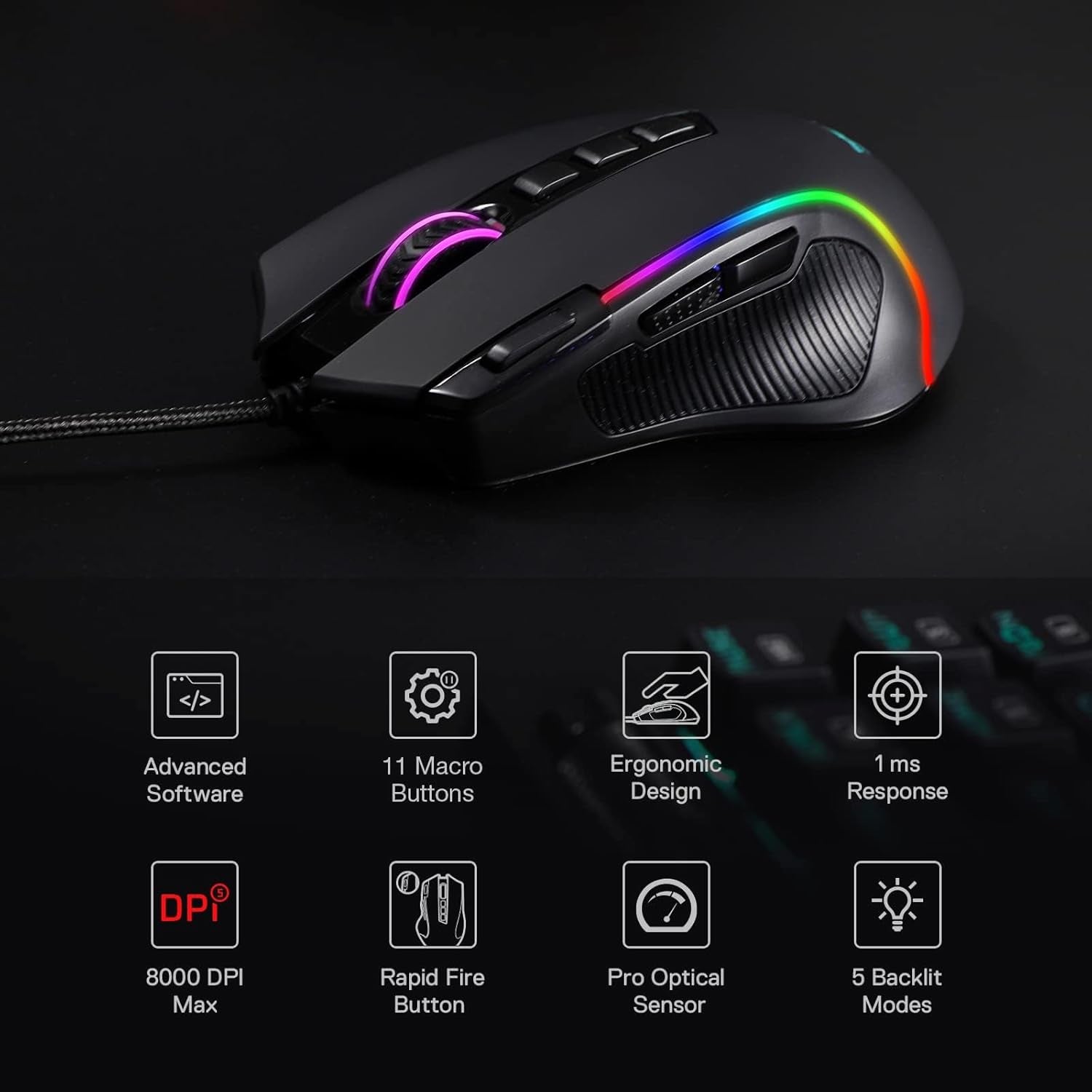 M612 Predator RGB Gaming Mouse, 8000 DPI Wired Optical Gamer Mouse with 11 Programmable Buttons & 5 Backlit Modes, Software Supports DIY Keybinds Rapid Fire Button