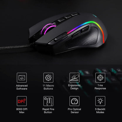 M612 Predator RGB Gaming Mouse, 8000 DPI Wired Optical Gamer Mouse with 11 Programmable Buttons & 5 Backlit Modes, Software Supports DIY Keybinds Rapid Fire Button