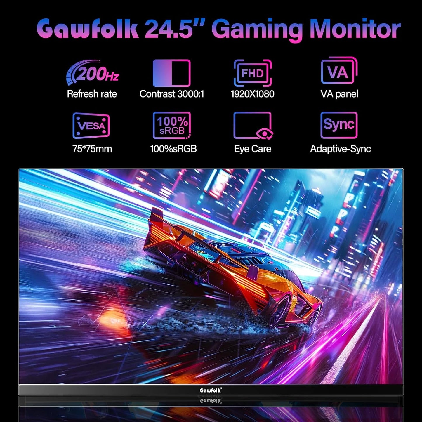 24 Inch Gaming Monitor, 200Hz Computer Monitor, FHD 1080P PC Monitors, 24.5" Frameless Monitors Va,Srgb 100%, Displayport, Hdmi,Eye Care, Wall-Mounted 75 * 75Mm Compatible