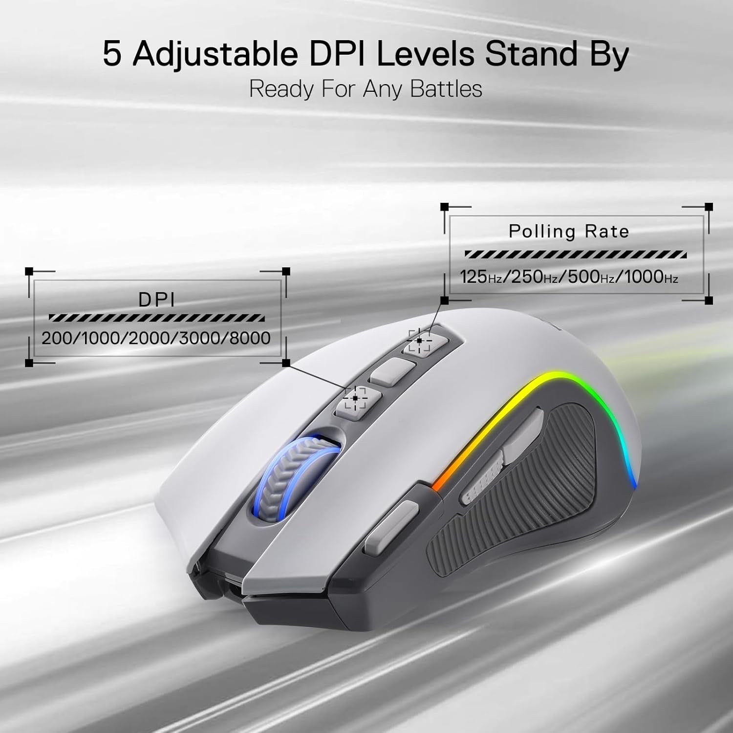 M612 PRO RGB Gaming Mouse, 8000 DPI Wired/Wireless Optical Gamer Mouse with 11 Programmable Buttons & 6 Backlit Modes, BT & 2.4G Wireless, Software Supports, Gray | 9 Programmable Buttons, 6 Backlight Modes, BT 2.4G Software Support, Wireless