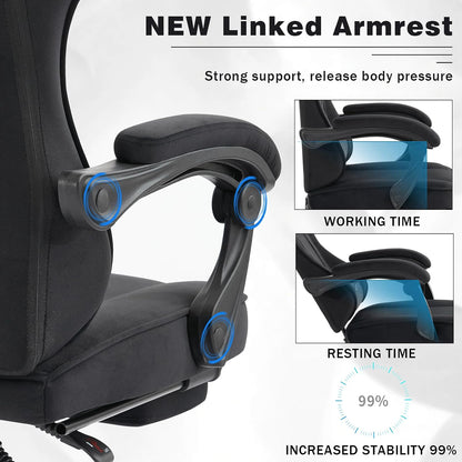 Gaming Chair for Adults, Ergonomic Gaming Chair with Footrest, Lumbar Support and Headrest, Adjustable Height Computer Chairs Gaming, Fabric Gamer Chair for Home Office, Black