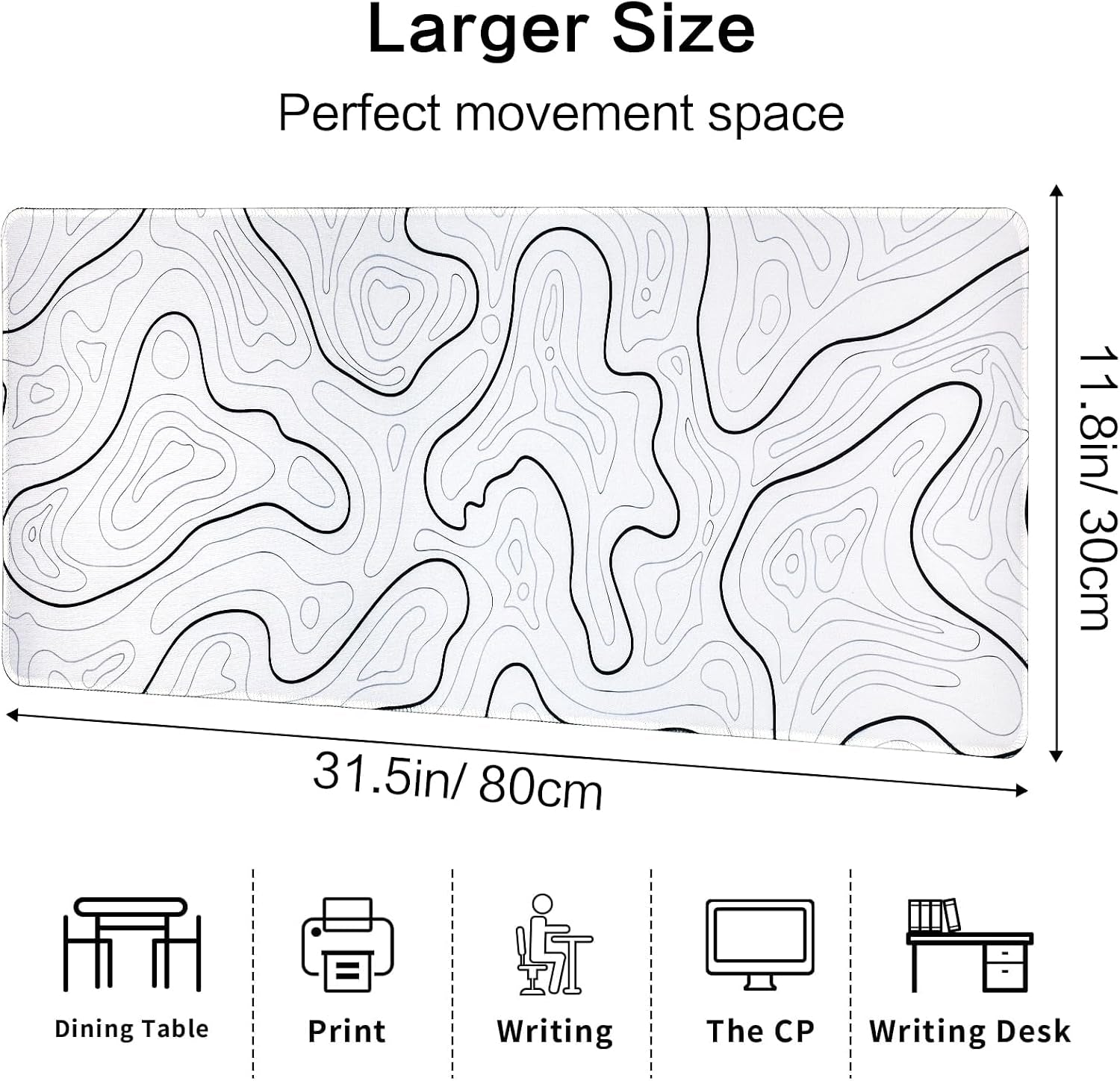 Large Gaming Mouse Pad, Topographic Mouse Mat for Gaming Mousepad Office, Long XL Mouse Pads Keyboard Pad for Computer Laptop 31.5''X11.8'' Desk Mat (White)
