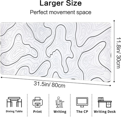 Large Gaming Mouse Pad, Topographic Mouse Mat for Gaming Mousepad Office, Long XL Mouse Pads Keyboard Pad for Computer Laptop 31.5''X11.8'' Desk Mat (White)