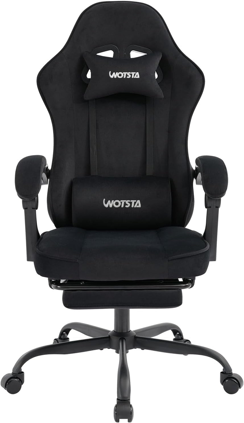 Gaming Chair for Adults, Ergonomic Gaming Chair with Footrest, Lumbar Support and Headrest, Adjustable Height Computer Chairs Gaming, Fabric Gamer Chair for Home Office, Black