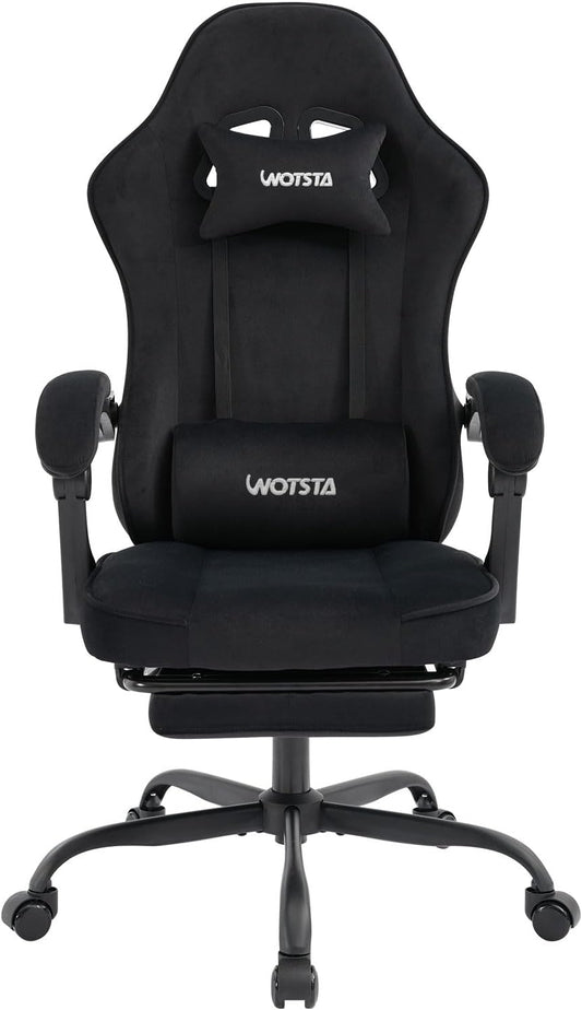 Gaming Chair for Adults, Ergonomic Gaming Chair with Footrest, Lumbar Support and Headrest, Adjustable Height Computer Chairs Gaming, Fabric Gamer Chair for Home Office, Black