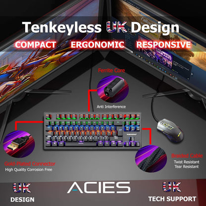 Gaming Keyboard  ACIES True Mechanical Keyboard Tenkeyless TKL Rainbow LED 100% Anti-Ghosting Programmable Macro for Gaming PC Xbox PS5 Apple Mac (UK DESIGN UK TECH SUPPORT UK QWERTY LAYOUT)