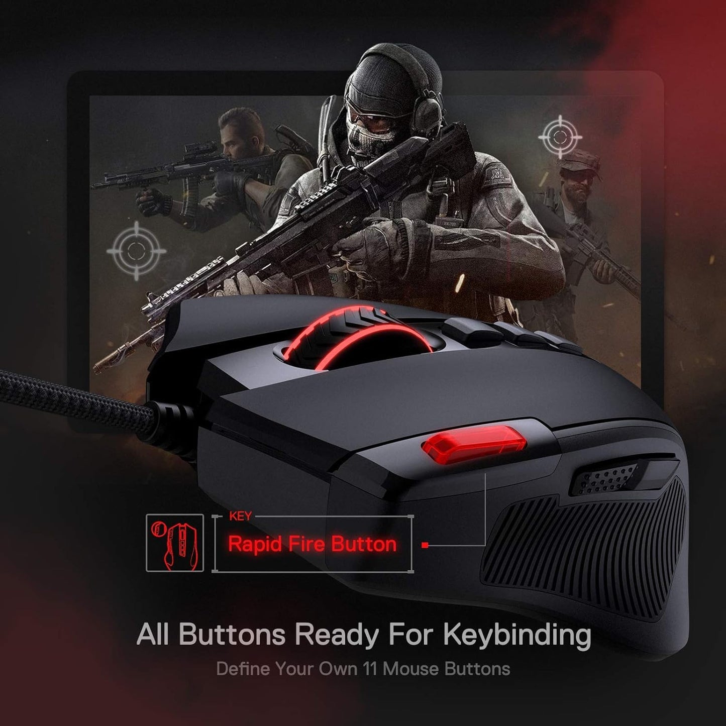 M612 Predator RGB Gaming Mouse, 8000 DPI Wired Optical Gamer Mouse with 11 Programmable Buttons & 5 Backlit Modes, Software Supports DIY Keybinds Rapid Fire Button