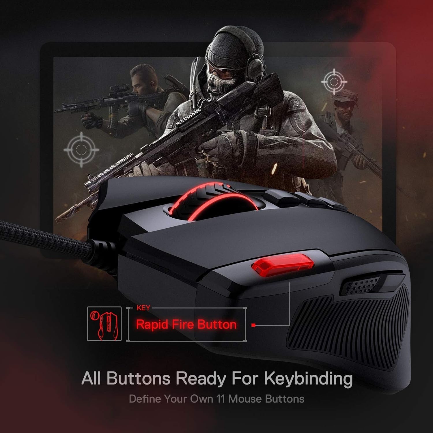 M612 Predator RGB Gaming Mouse, 8000 DPI Wired Optical Gamer Mouse with 11 Programmable Buttons & 5 Backlit Modes, Software Supports DIY Keybinds Rapid Fire Button