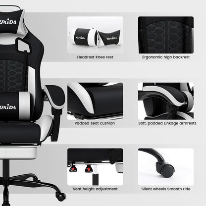 Ergonomic Gaming Chair for Adult, Comfortable Desk Chair with Massage, Comfy Headrest and Lumbar Support Pc Office Chairs with Footrest, Height Adjustable Rotating Task Chairs