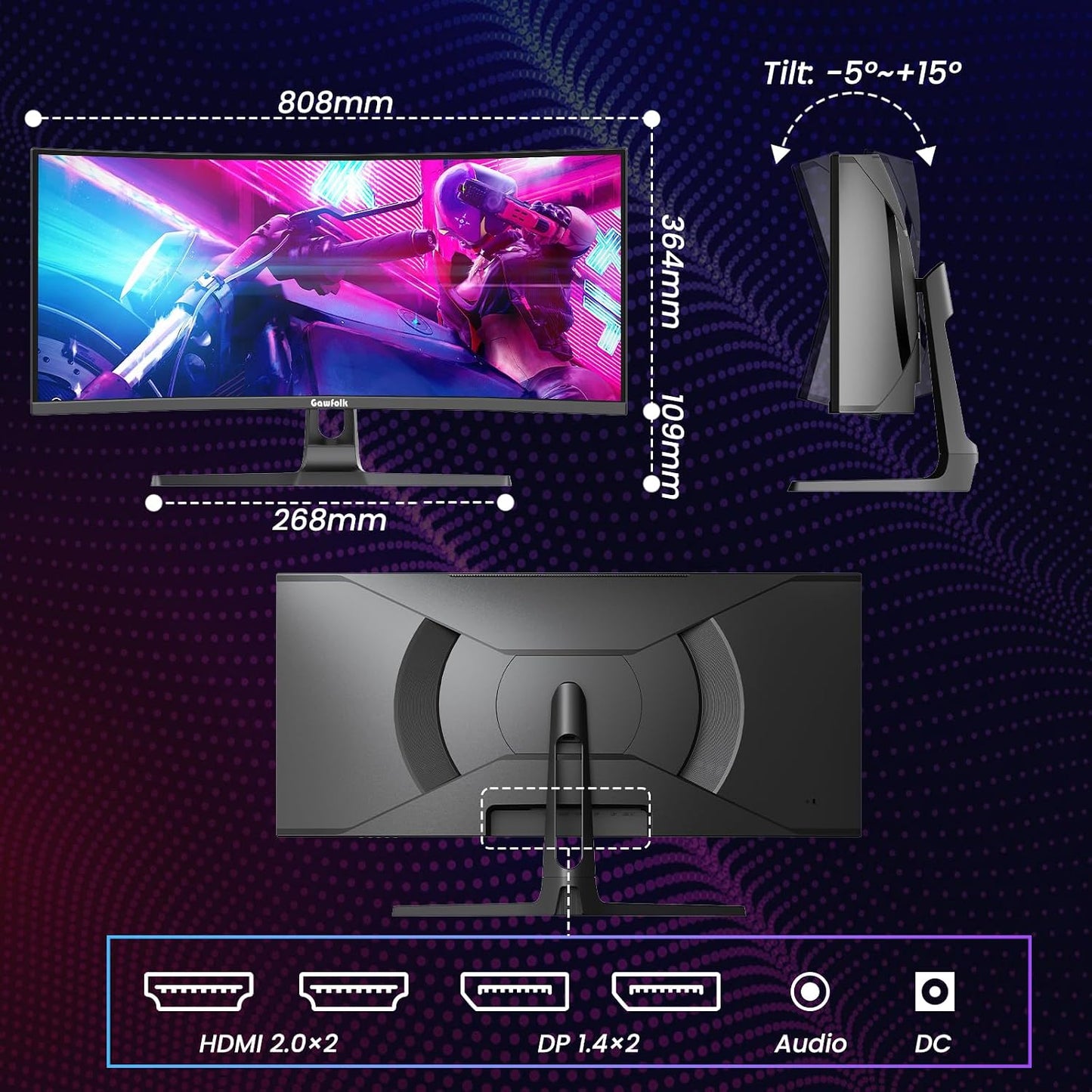 34 Inch Ultrawide Curved Gaming Monitor, 1500R PC Screen 240Hz UWQHD 3440X1440P Monitor, Curved Computer Display with Freesync & Eye-Care Technology, DP, HDMI, Wallmount 100X100Mm