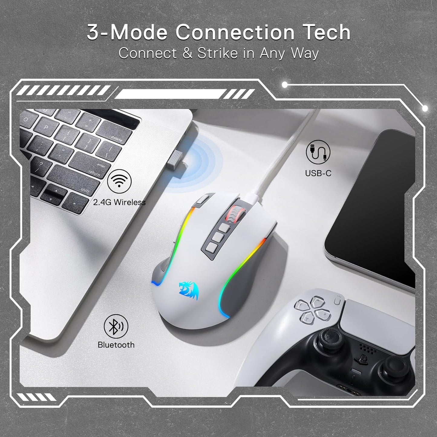 M612 PRO RGB Gaming Mouse, 8000 DPI Wired/Wireless Optical Gamer Mouse with 11 Programmable Buttons & 6 Backlit Modes, BT & 2.4G Wireless, Software Supports, Gray | 9 Programmable Buttons, 6 Backlight Modes, BT 2.4G Software Support, Wireless