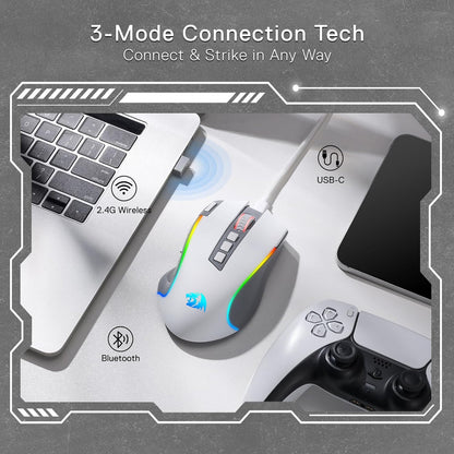 M612 PRO RGB Gaming Mouse, 8000 DPI Wired/Wireless Optical Gamer Mouse with 11 Programmable Buttons & 6 Backlit Modes, BT & 2.4G Wireless, Software Supports, Gray | 9 Programmable Buttons, 6 Backlight Modes, BT 2.4G Software Support, Wireless