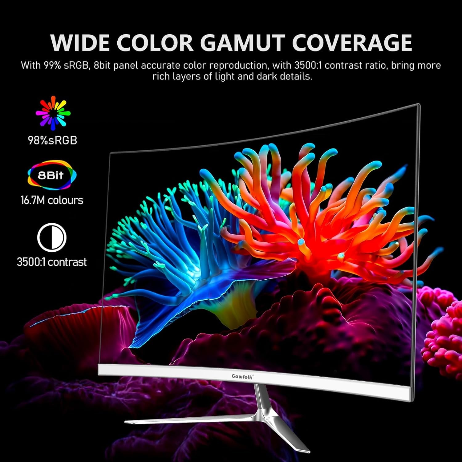 24 Inch Curved Gaming Monitor, Built-In Speakers, 120Hz, 1920X1080P Full HD, 98% Srgb, 3000R Curvature, HDMI & VGA Ports, White PC Monitor