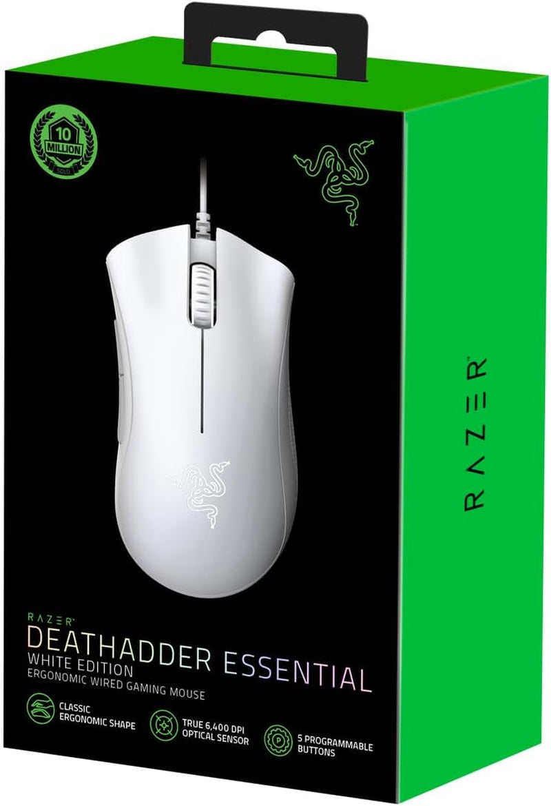 Razer Deathadder Essential (2021) - Wired Gaming Mouse (Optical Sensor, 6400 DPI, 5 Programmable Buttons, Ergonomic Form Factor) White