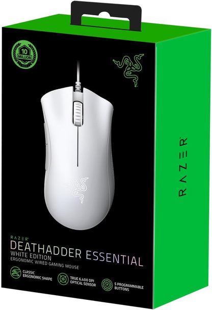 Razer Deathadder Essential (2021) - Wired Gaming Mouse (Optical Sensor, 6400 DPI, 5 Programmable Buttons, Ergonomic Form Factor) White