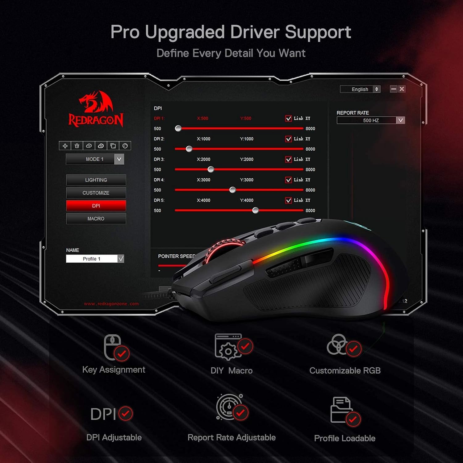 M612 Predator RGB Gaming Mouse, 8000 DPI Wired Optical Gamer Mouse with 11 Programmable Buttons & 5 Backlit Modes, Software Supports DIY Keybinds Rapid Fire Button