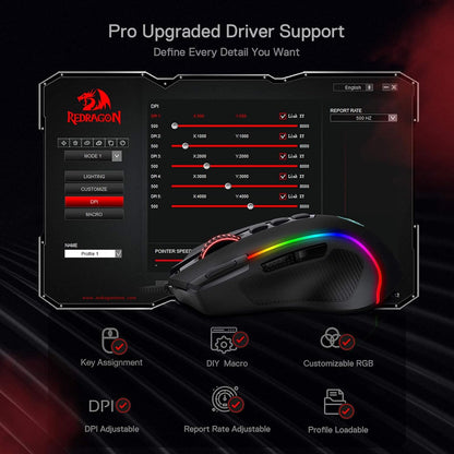 M612 Predator RGB Gaming Mouse, 8000 DPI Wired Optical Gamer Mouse with 11 Programmable Buttons & 5 Backlit Modes, Software Supports DIY Keybinds Rapid Fire Button
